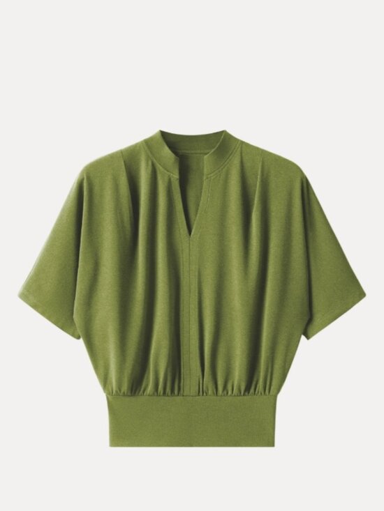 OGL Tops - Stand Collar V-Neck Short Sleeve Top - Peri Green